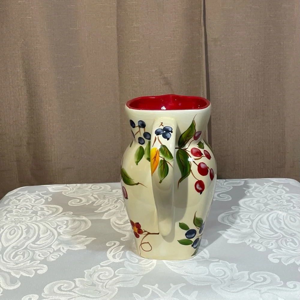 Vintage 1980s FTD Ceramic Pitcher Vase - Hand Painted Fruit Design 32oz EUC